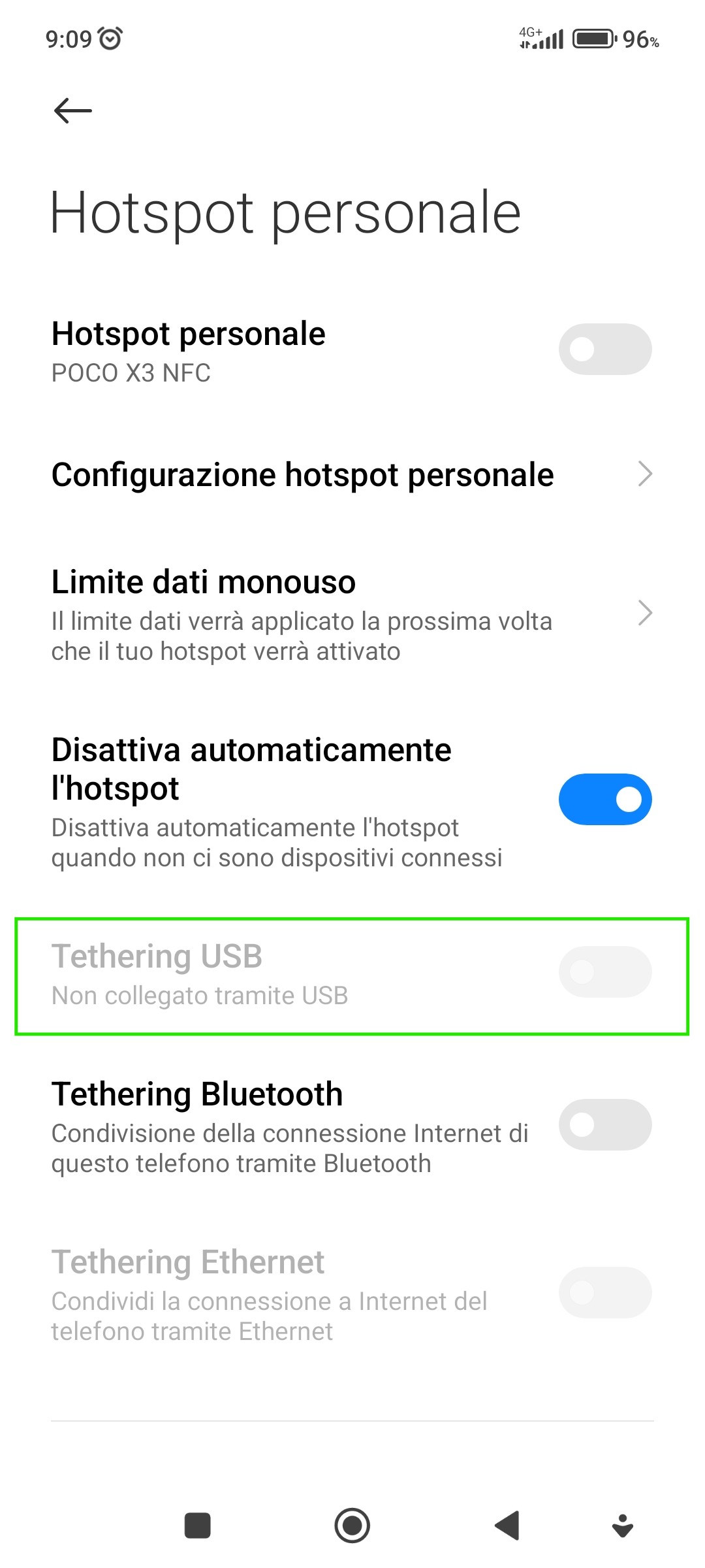 Istantanea della schermata di configurazione di condivisione della connessione internet in Android 12