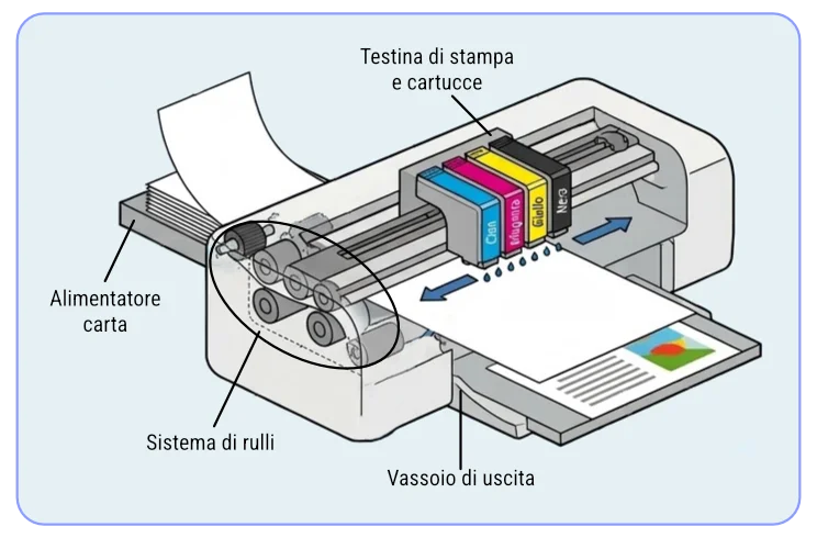 diagramma semplificato dei componenti
 di una tipica stampante inkjet.