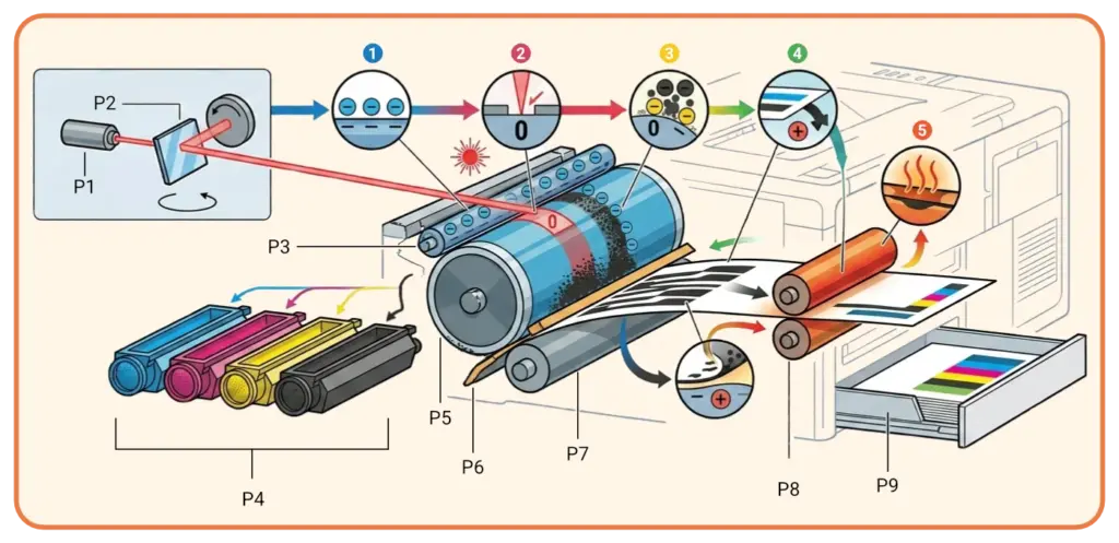 Diagramma di funzionamento di una stampante a laser