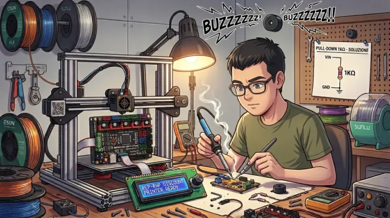 Ragazzo che ripara una stampante 3D.