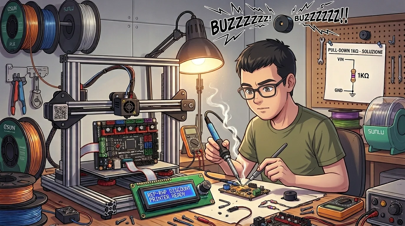 Ragazzo che ripara una stampante 3D.